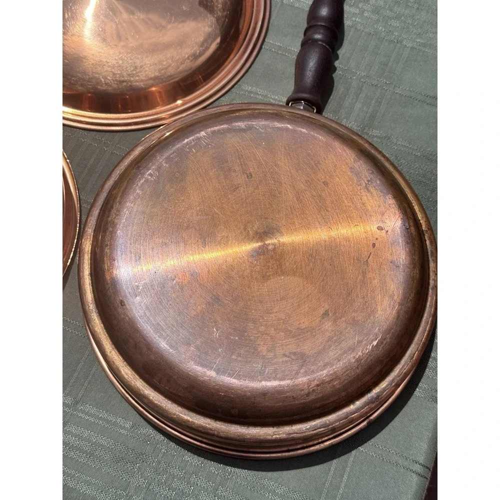 Vintage Italian 3 Piece Copper Double Boiler Chafing Pan Wood Handle Lid 9.25